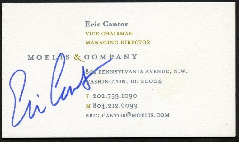 Eric Cantor signed autograph Vice Chairman Moelis & Company Business Card BC495