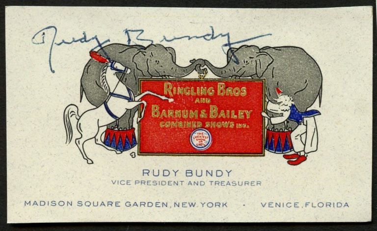 Rudy Bundy signed autograph Vice President Ringling Bros. Business Card BC493