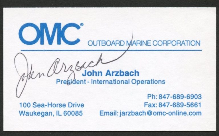 John Arzbach signed auto President Intern Operations OMC Business Card BC479