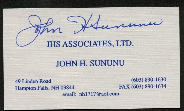 John H Sununu signed autograph JHS Associates LTD Business Card BC485