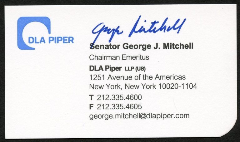 George J Mitchell signed autograph Chairman DLA Piper Business Card BC488
