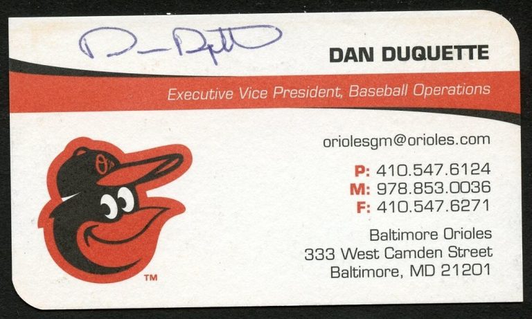 Dan Duquette signed autograph Vice President Orioles Business Card BC547