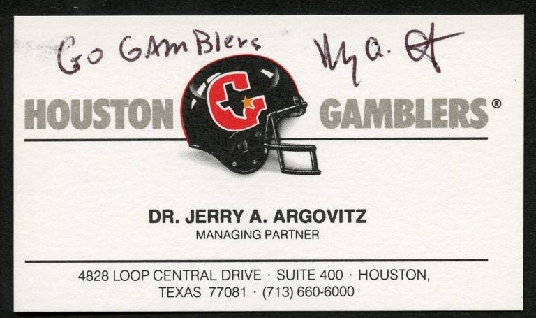 Dr. Jerry A. Argovitz signed autograph Owner Houston Gambler Business Card BC034
