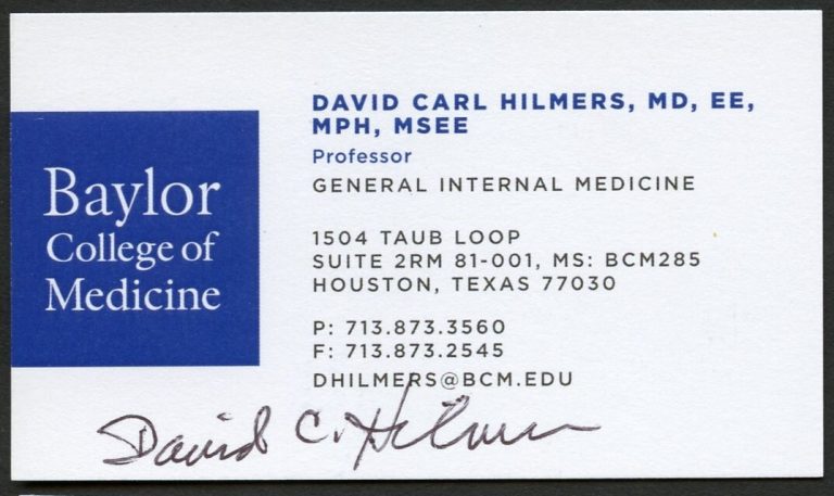 David Carl Hilmers signed autograph Professor Baylor College Business Card BC630