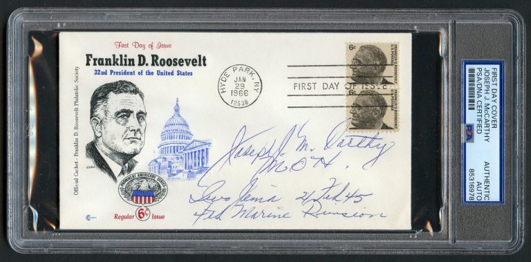 Joseph McCarthy d1996 signed autograph FDC MOH Recipient USMC WWII PSA Slabbed