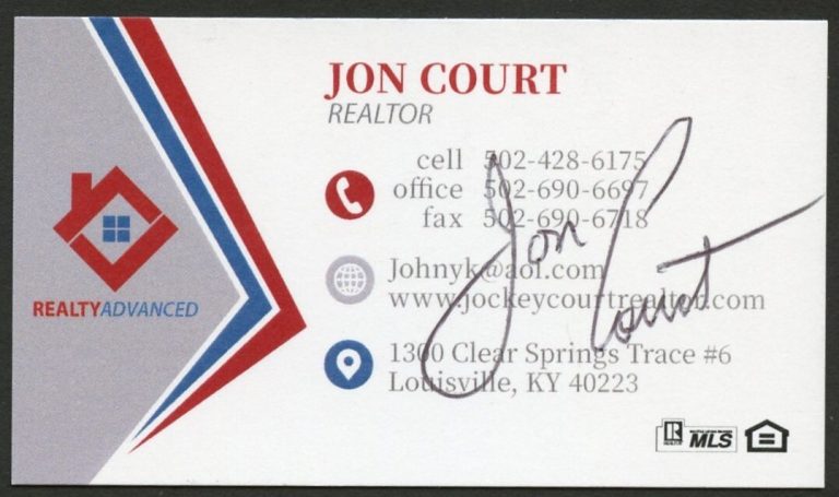 Jon Court signed autograph auto Realtor Realty Advanced Business Card BC639
