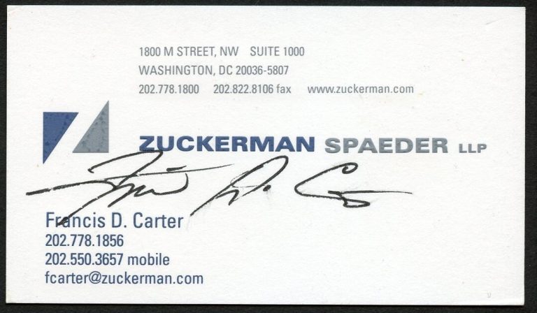 Francis D Carter signed autograph Zuckerman Spaeder LLP Business Card BC744