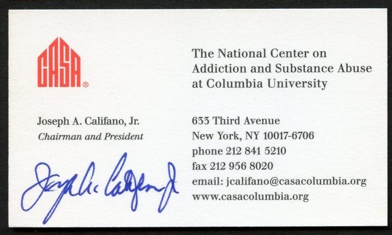 Joseph A Califano Jr signed autograph Charman President Casa Business Card BC745