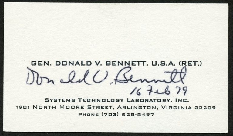 Donald V Bennett signed autograph auto General USA Business Card BC722