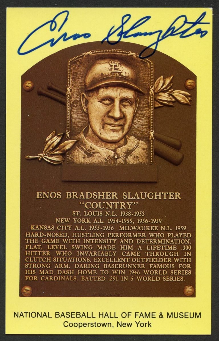 Enos Slaughter signed autograph Baseball HOF Gold Plaque Postcard