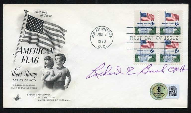 Richard E. Bush d2004 signed autograph FDC MOH Recipient USMC WWII BAS Stickered