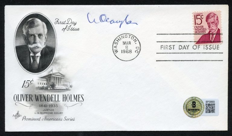 William O Douglas d1980 signed autograph FDC Supreme Court Justice BAS Stickered