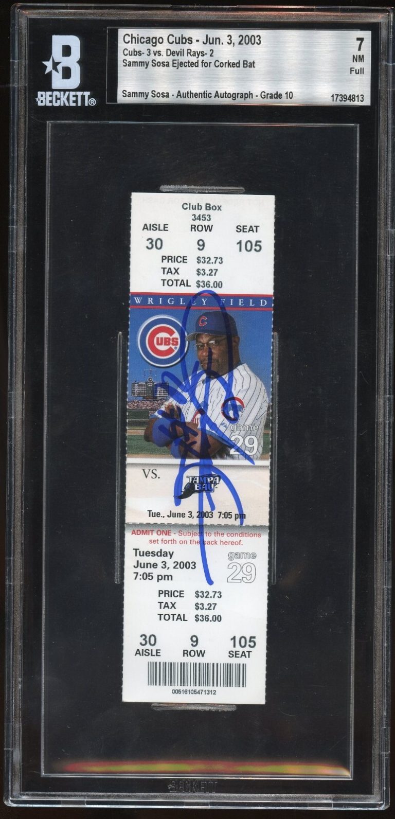 Sammy Sosa signed auto FULL Ticket Chicago Cubs Corked Bat Game 6/3/2003 BAS