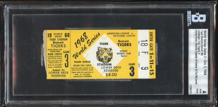 World Series Game 3 Ticket Stub Cardinals vs Tigers October 5, 1968 Grade A BAS