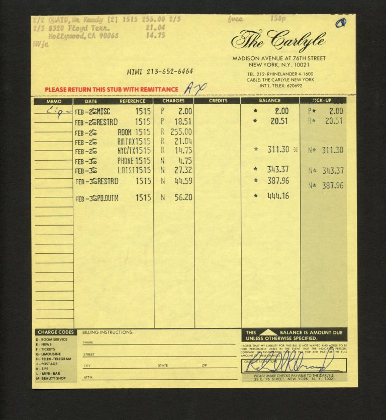 Randy Quaid signed autograph auto The Carlyle Hotel New York Folio Receipt