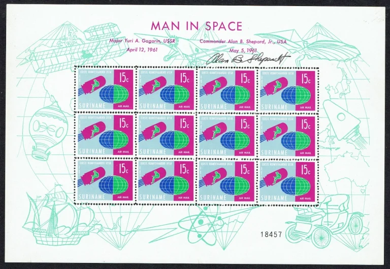 Alan B. Shepard Jr. signed autograph Man in Space Stamp Sheet PSA Full Letter