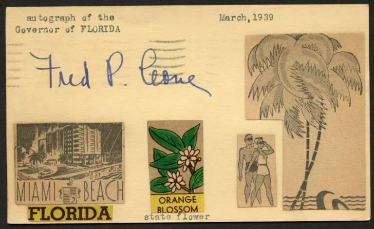 Frederick Preston Cone d1948 signed autograph Governor of Florida Post Card