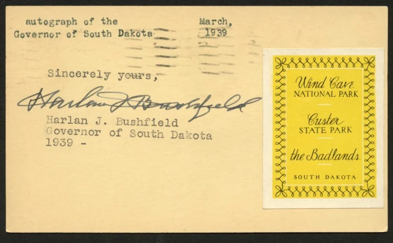 Harlan J. Bushfield d1948 signed autograph Governor of South Dakota Post Card