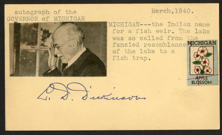 L D Dickinson d1943 signed autograph 37th Governor of the US Michigan Post Card