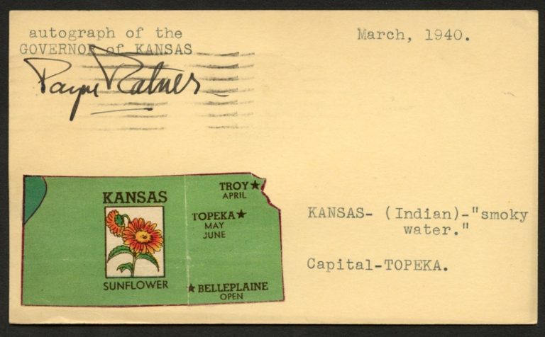 Payne Harry Ratner d1974 signed autograph Governor of Kansas Post Card