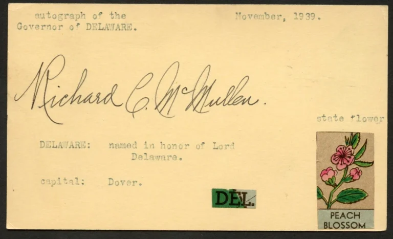 Richard Cann McMullen d1944 signed autograph Governor of Delaware Post Card