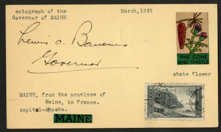 Lewis O. Barrows d1967 signed autograph Governor of Maine Post Card