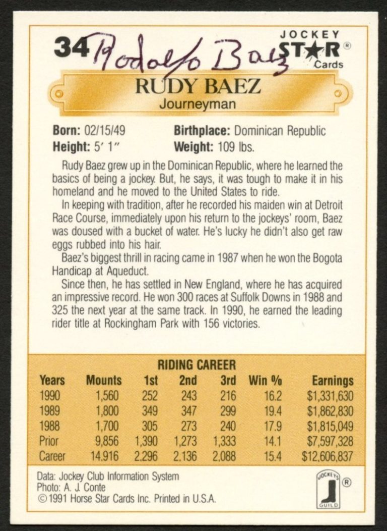Rudy Baez #34 signed autograph auto 1991 Horse Jockey Star Trading Card