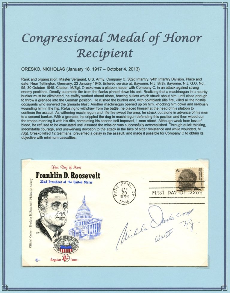 Nicholas Oresko d2013 signed autograph FDC USA Army WWII MOH Recipient