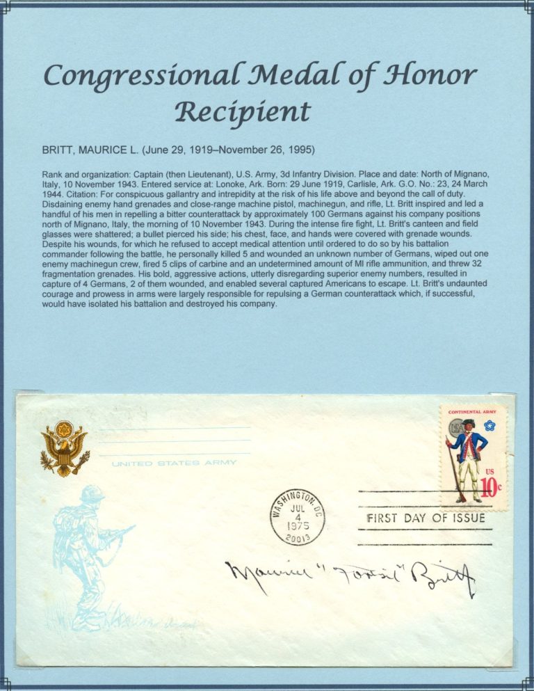 Maurice L Britt d1995 signed autograph FDC Cover USA Army WWII MOH Recipient