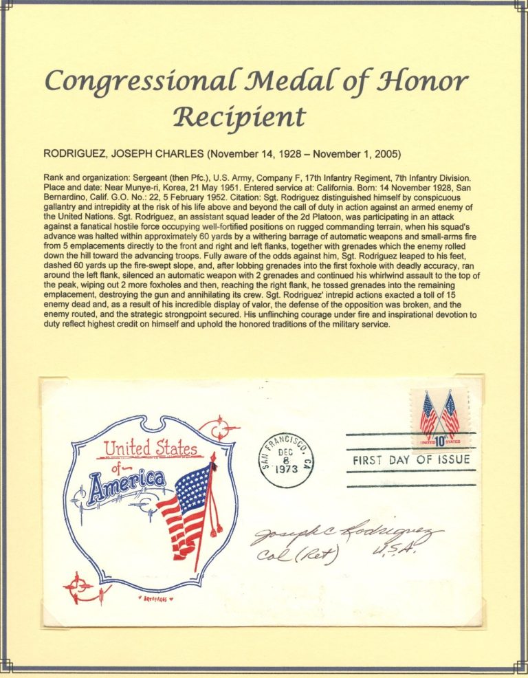 Joseph Charles Rodriguez d2005 signed autograph FDC USA Army Korean War MOH