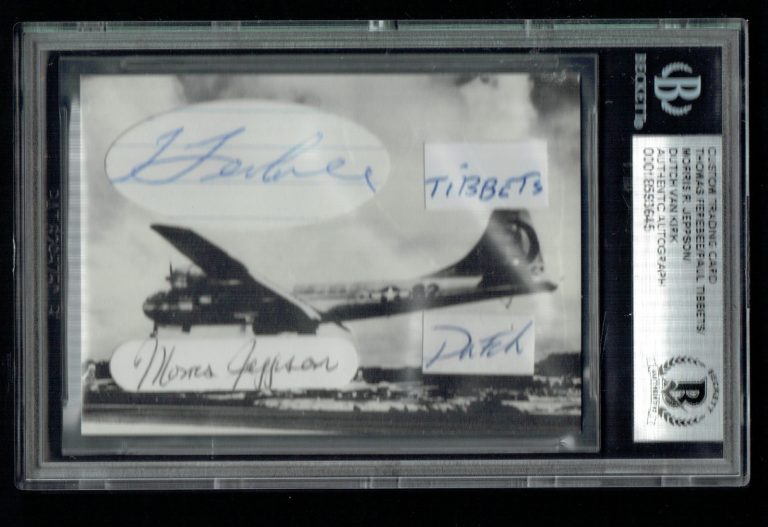 Enola Gay crew signed Custom Cut Card Tibbets, Van Kirk, Ferebee & Jeppson BAS