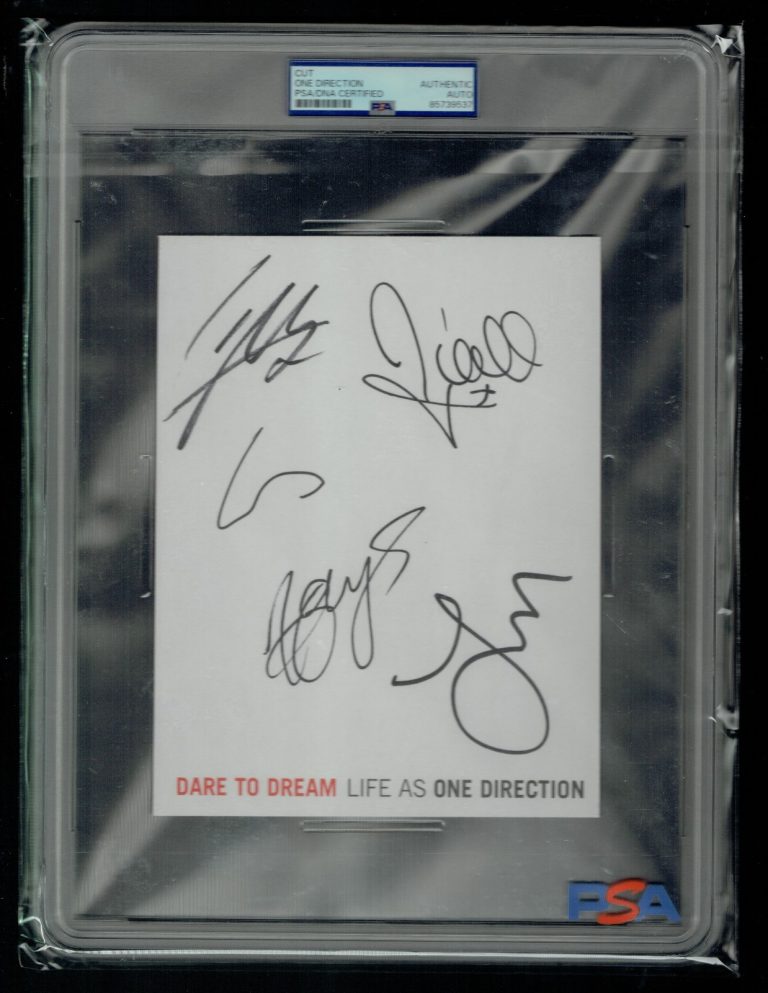 One Direction signed autograph 6x8 cut Harry, Niall, Liam, Louis & Zayn PSA Slab