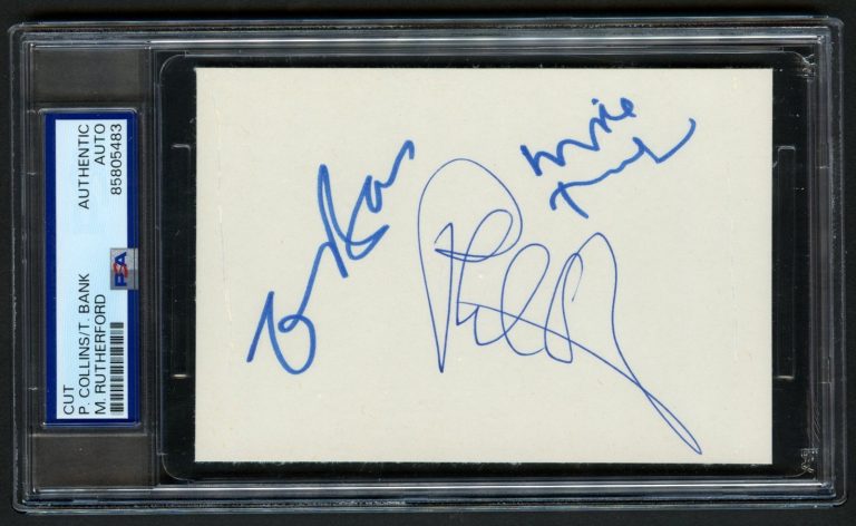 Phil Collins, Tony Banks Mike, Rutherford signed autograph 3.5x5 cut Genesis PSA