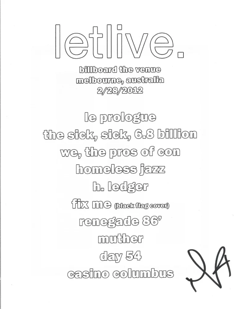 Jason Aalon Butler of Letlive. band hand SIGNED Setlist #1 COA Autograph Letlive