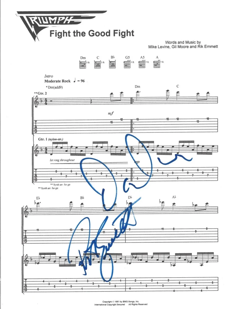 Rik Emmett & Dave Dunlap of Triumph Fight The Good Fight SIGNED Sheet Music COA
