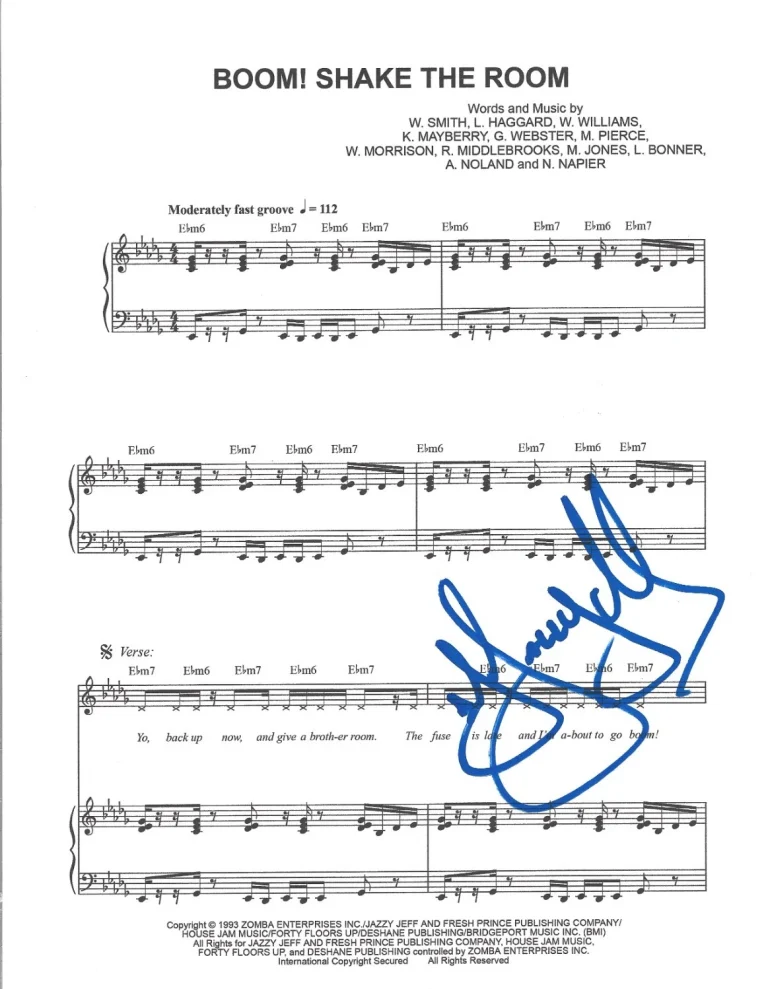 DJ Jazzy Jeff hand SIGNED Boom! Shake The Room Sheet Music #3 COA Fresh Prince