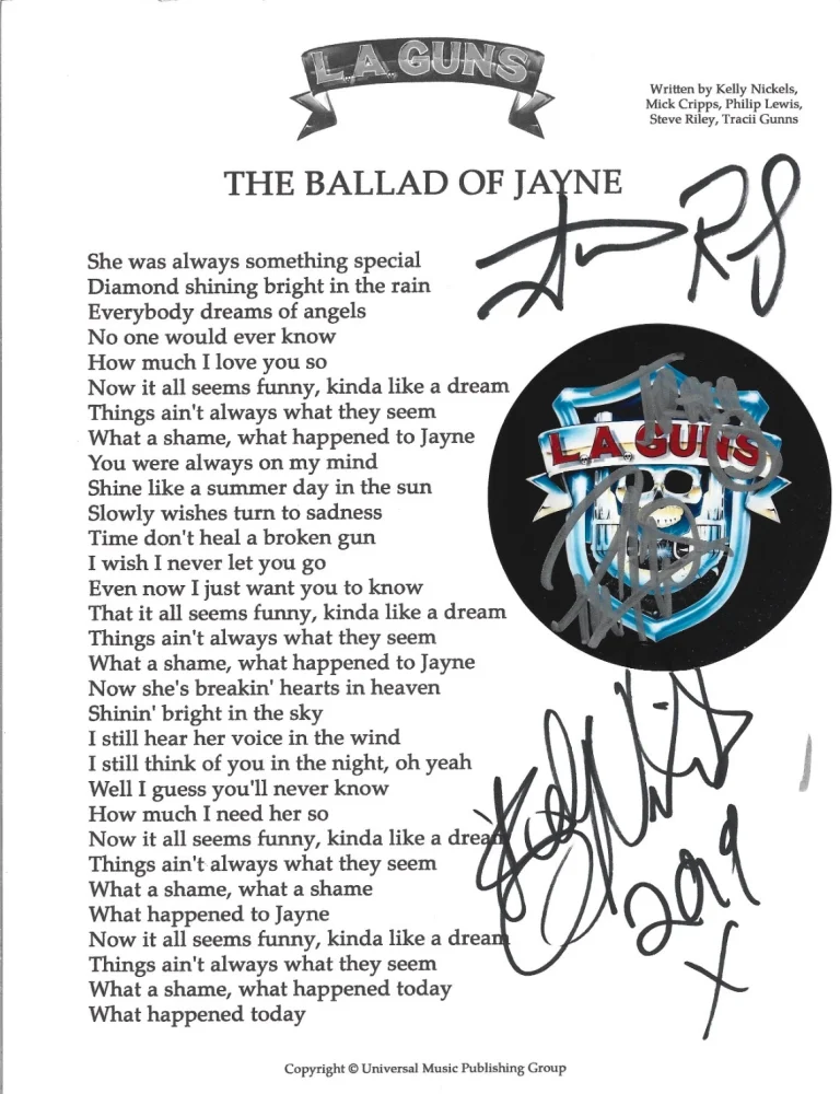 L.A. Guns SIGNED Ballad of Jayne Lyric Sheet #1 COA Autograph Phil Tracii +2 LA