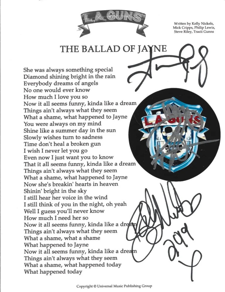 L.A. Guns SIGNED Ballad of Jayne Lyric Sheet #2 COA Autograph Phil Tracii +2 LA