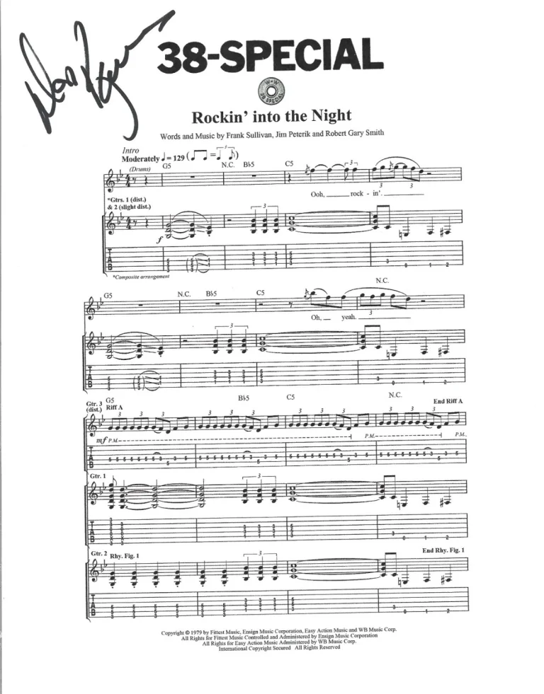 Don Barnes 38 Special SIGNED Rockin' Into The Night Sheet Music COA Autographed