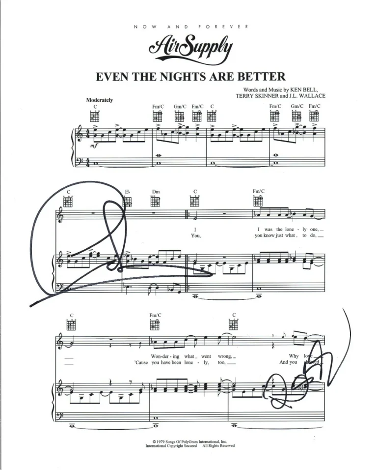 Air Supply band SIGNED Even The Nights Are Better Sheet Music COA Autographed