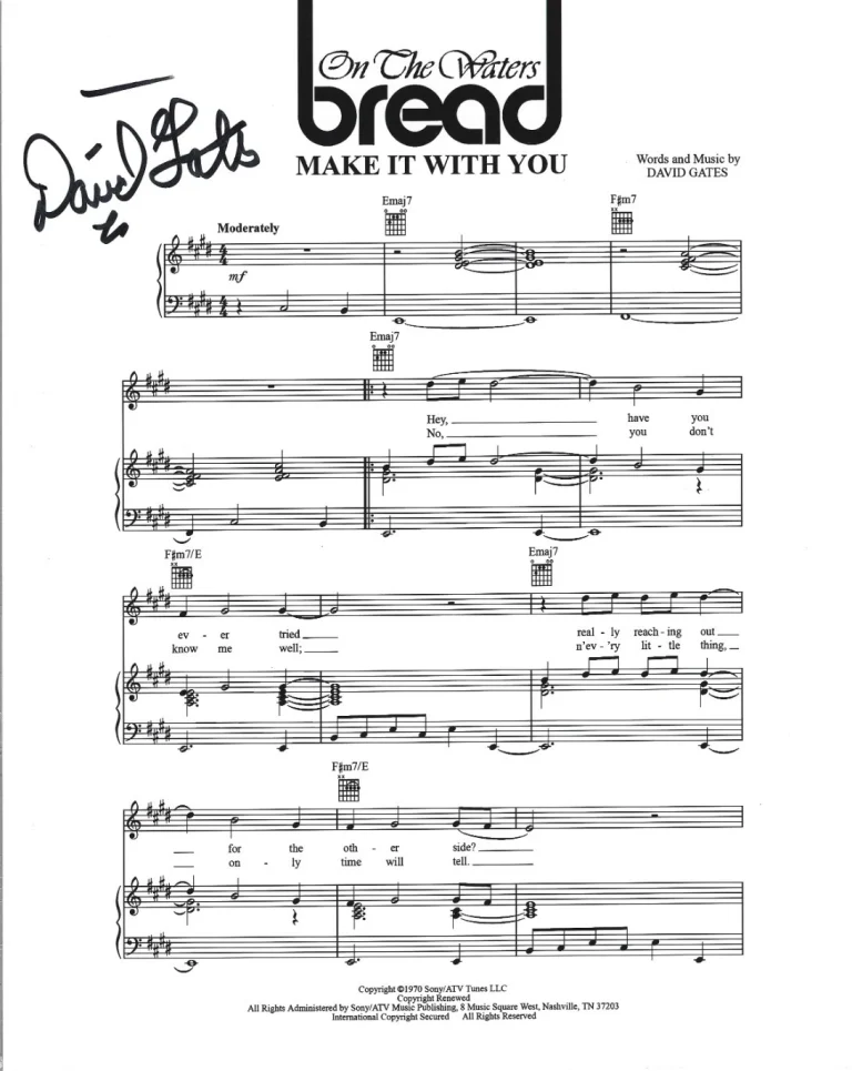 David Gates of Bread band hand SIGNED Make It With You Sheet Music COA Autograph
