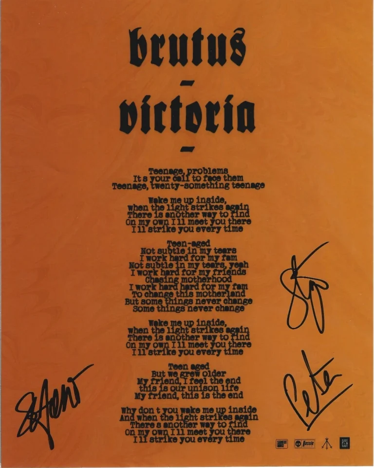 Brutus full band REAL hand SIGNED Victoria Lyric Sheet COA Autographed by all 3