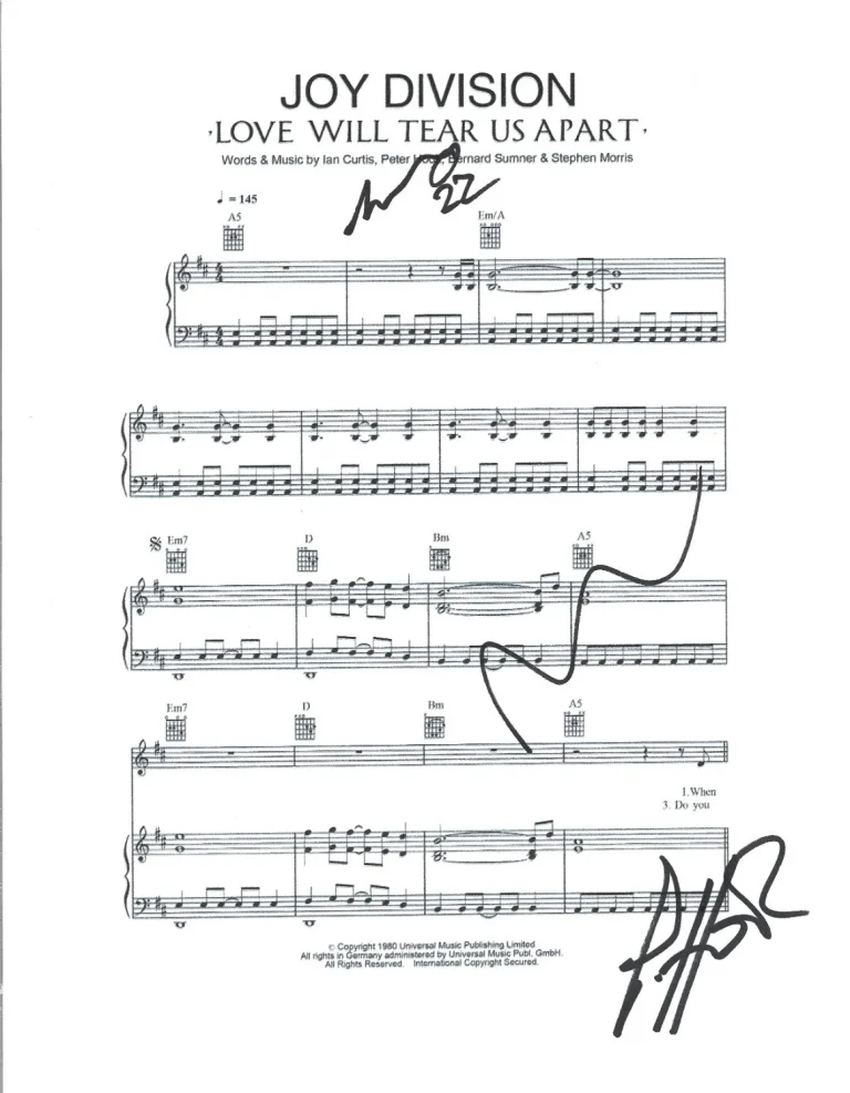 Joy Division SIGNED Love Will Tear Us Apart Sheet Music New Order Sumner Hook +1