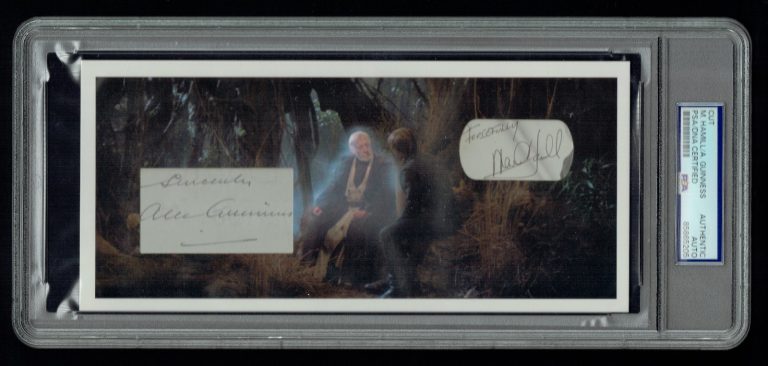 Alec Guinness & Mark Hamill signed auto 4x9 Custom Cut Card ESB Scene PSA Slab