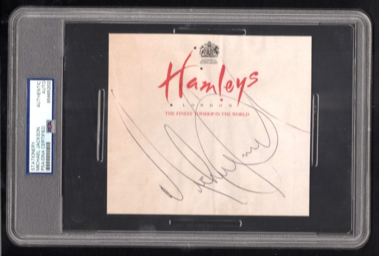 Michael Jackson signed autograph on 5x5.5 Hamleys Toyshop Letterhead PSA Slabbed