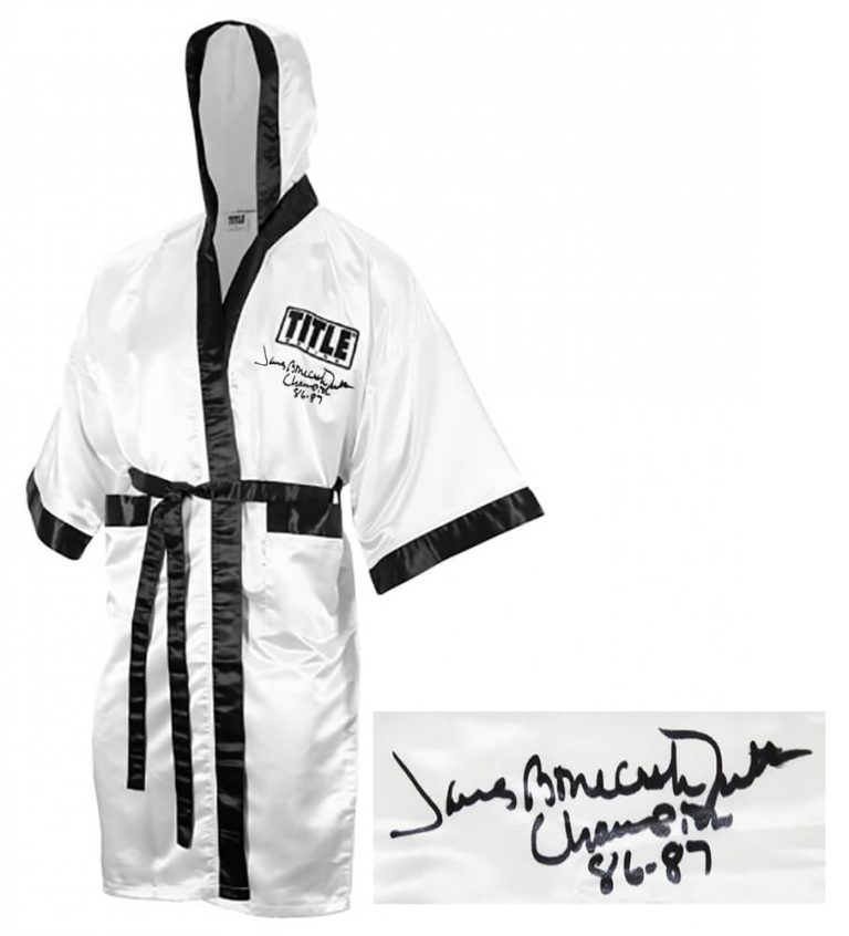 James Smith Signed Title White Boxing Robe w/Bonecrusher, Champ 86-87 - SS COA