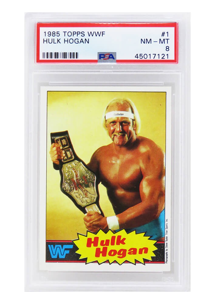 Hulk Hogan 1985 Topps WWF Wrestling (Yellow Background) RC Rookie Card #1 -PSA 8