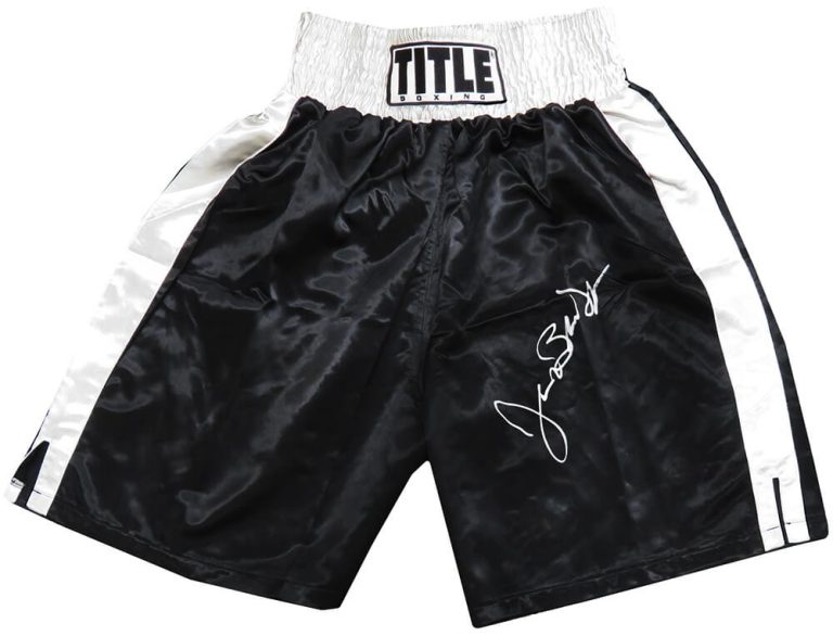 James Buster Douglas Signed Title Black & White Trim Boxing Trunks -SCHWARTZ COA