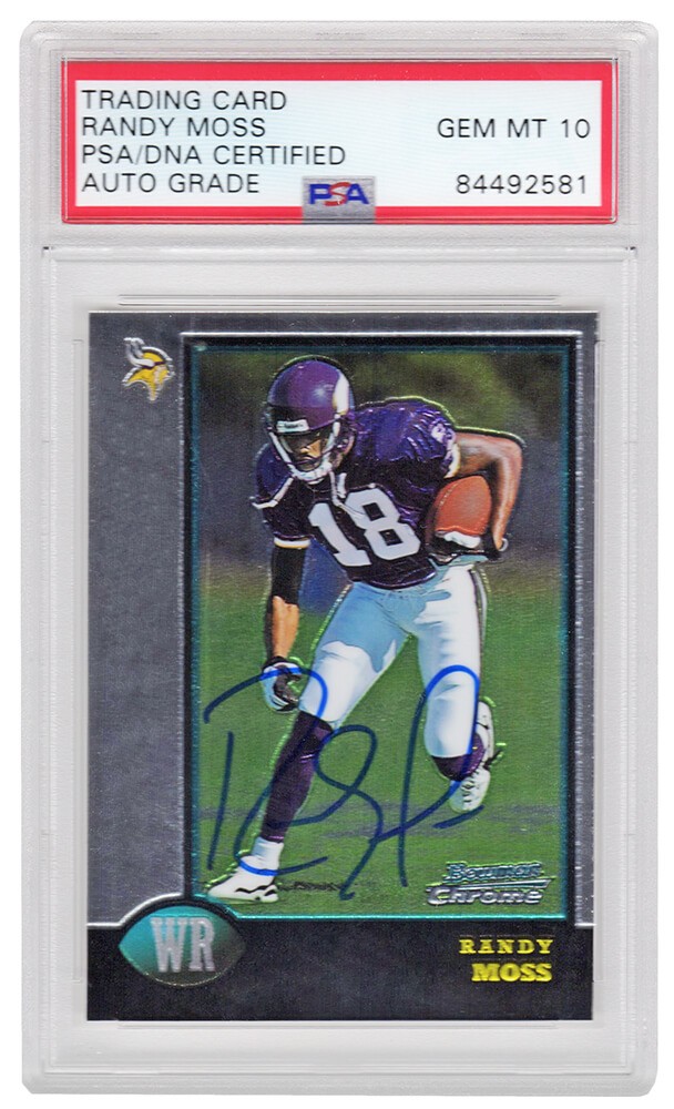 Randy Moss Autographed Vikings 1998 Bowman Chrome Rookie Card #182 (PSA Auto 10)