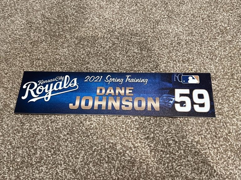 KANSAS CITY ROYALS GAME USED ? TEAM ISSUED BASEBALL NAMEPLATE ST 21 DANE JOHNSON